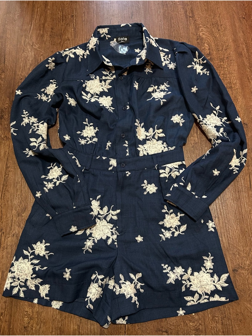 Fate Navy Romper with Ivory Floral Embroidery